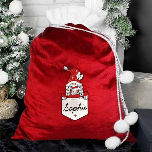 Personalised Pocket Gonk Family Red Christmas Sack - Girl Design