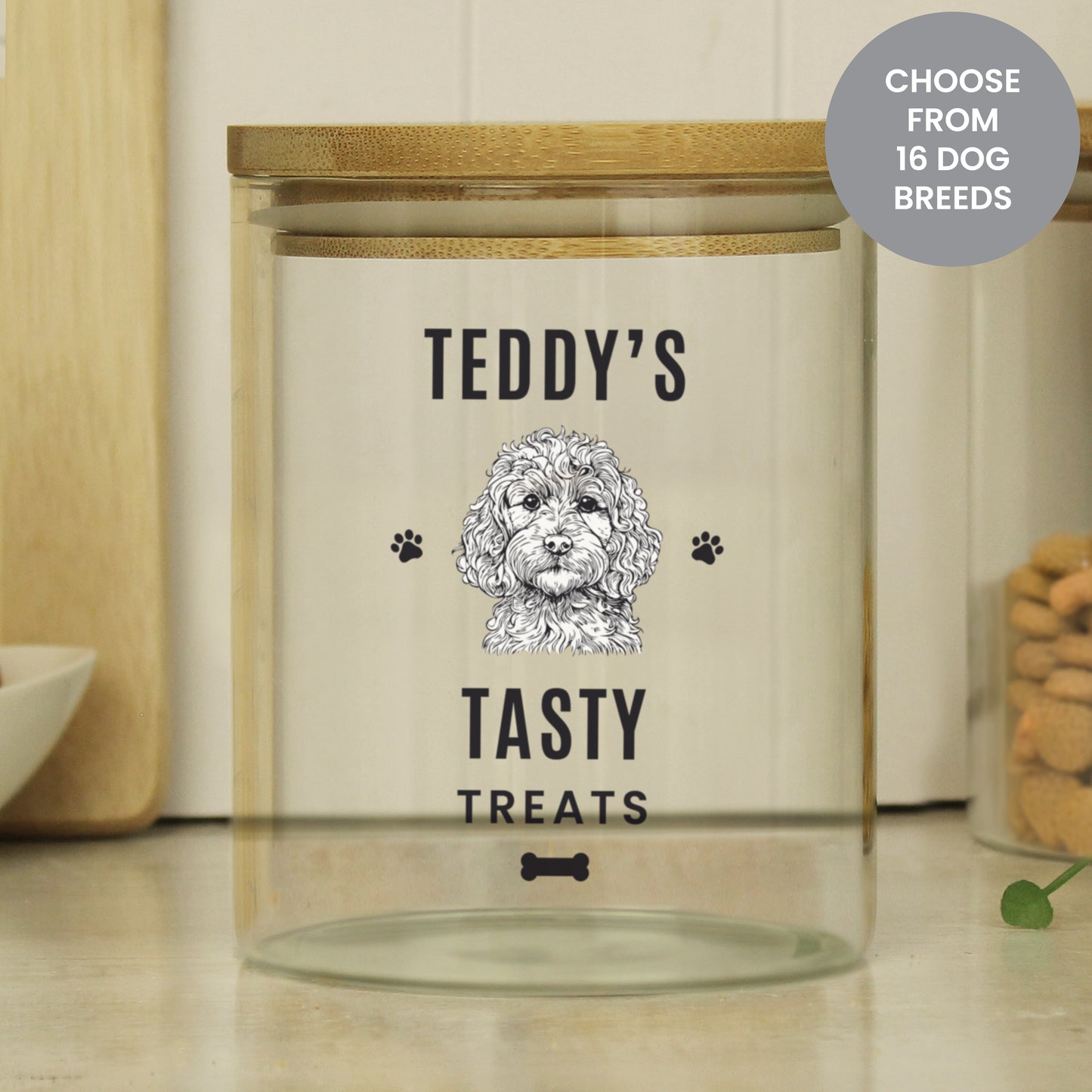 Personalised Dog Breed Glass Treat Jar - Choose from 16 Breeds