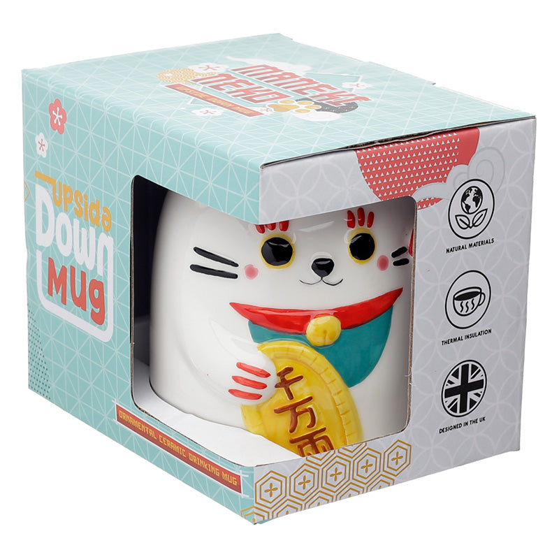 Maneki Neko Lucky Cat Upside Down Ceramic Mug