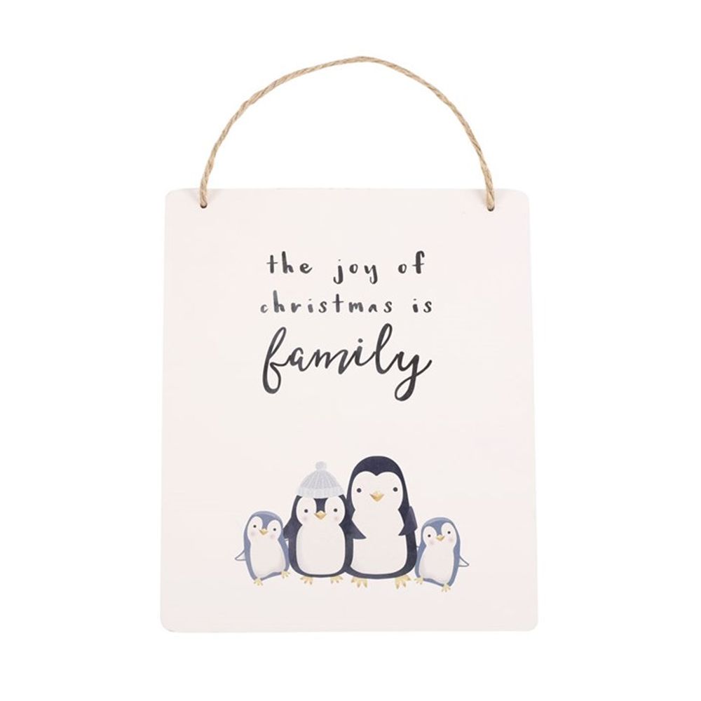 'Joy of Christmas' Penguin Family Hanging Wooden Sign