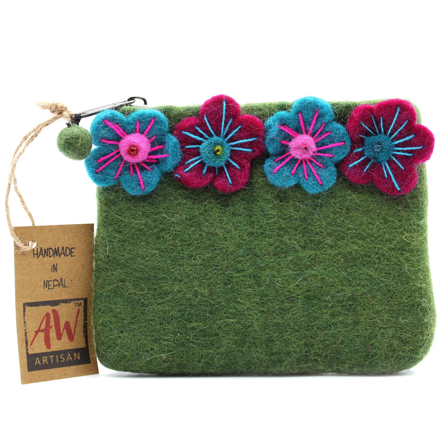 Handmade Natural Felt Zipper Pouch/Purse - Flowers