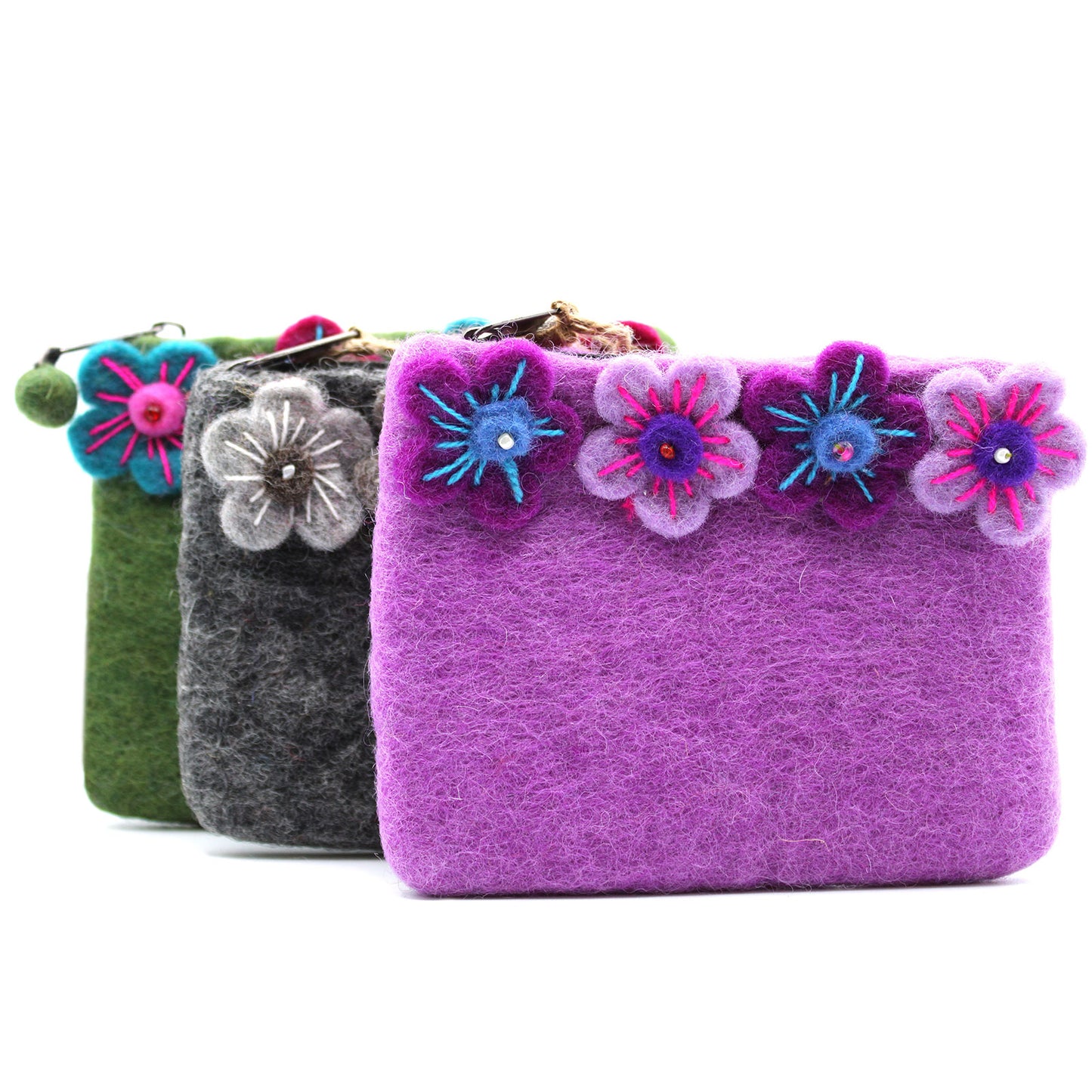 Handmade Natural Felt Zipper Pouch/Purse - Flowers