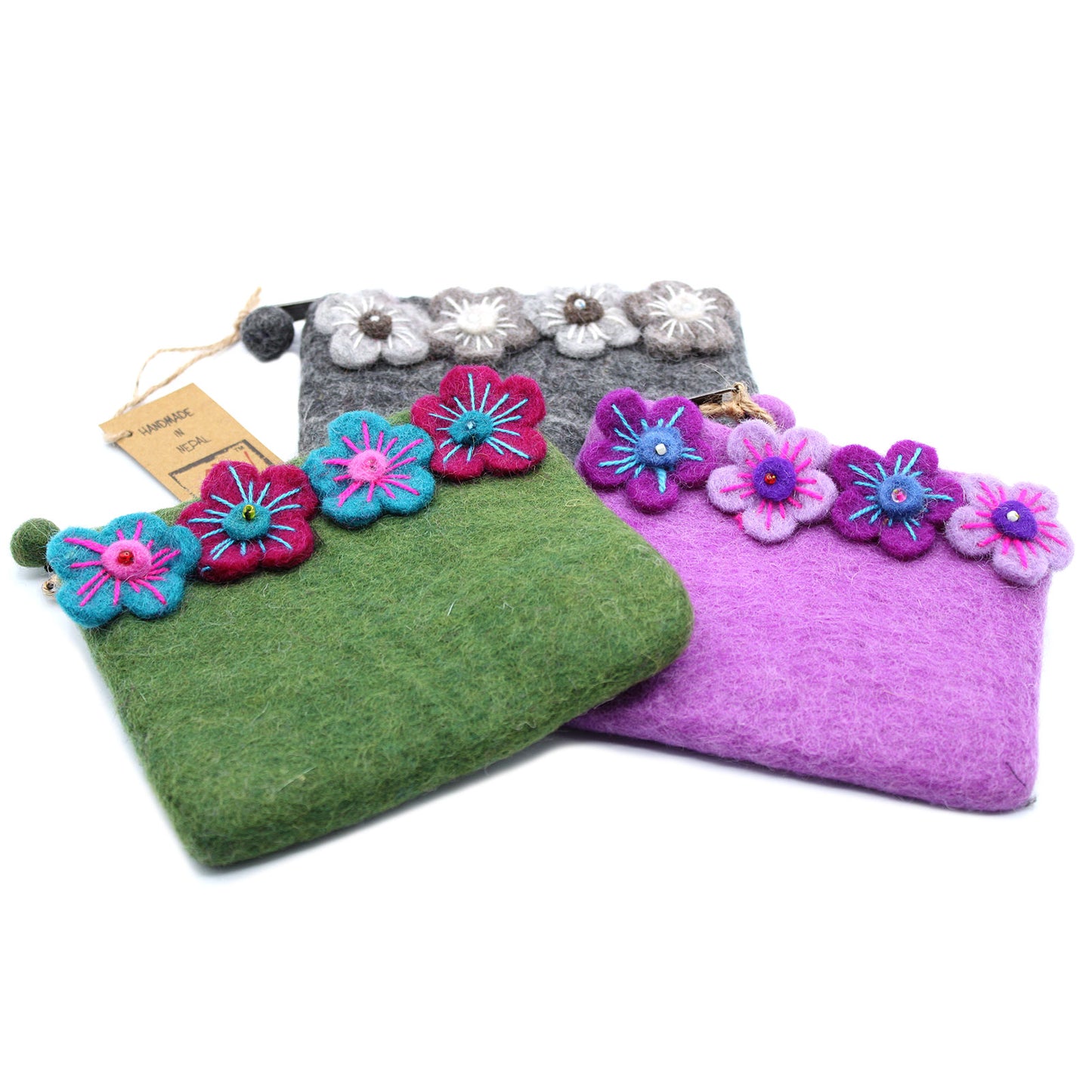 Handmade Natural Felt Zipper Pouch/Purse - Flowers