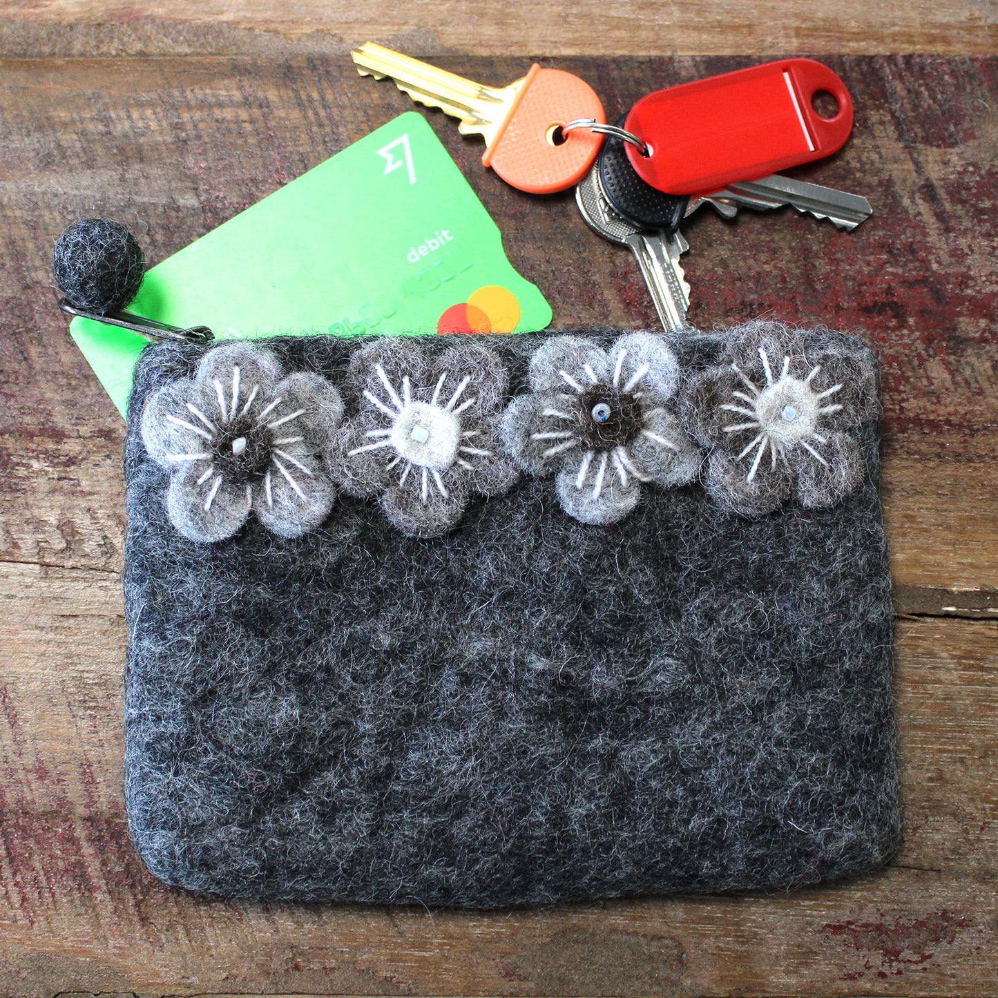 Handmade Natural Felt Zipper Pouch/Purse - Flowers