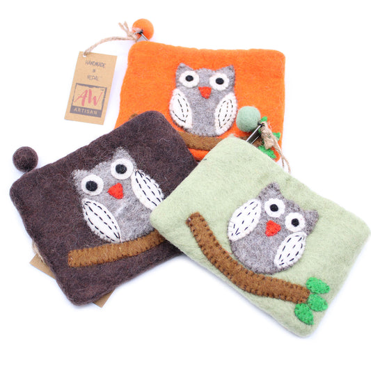 Handmade Natural Felt Zipper Pouch/Purse - Owl