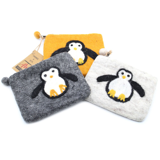 Handmade Natural Felt Zipper Pouch/Purse - Penguin