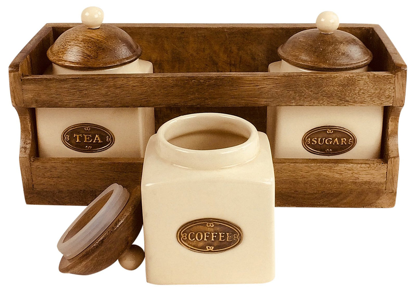 Wooden Rack with 3 Ceramic Jars - UK Only