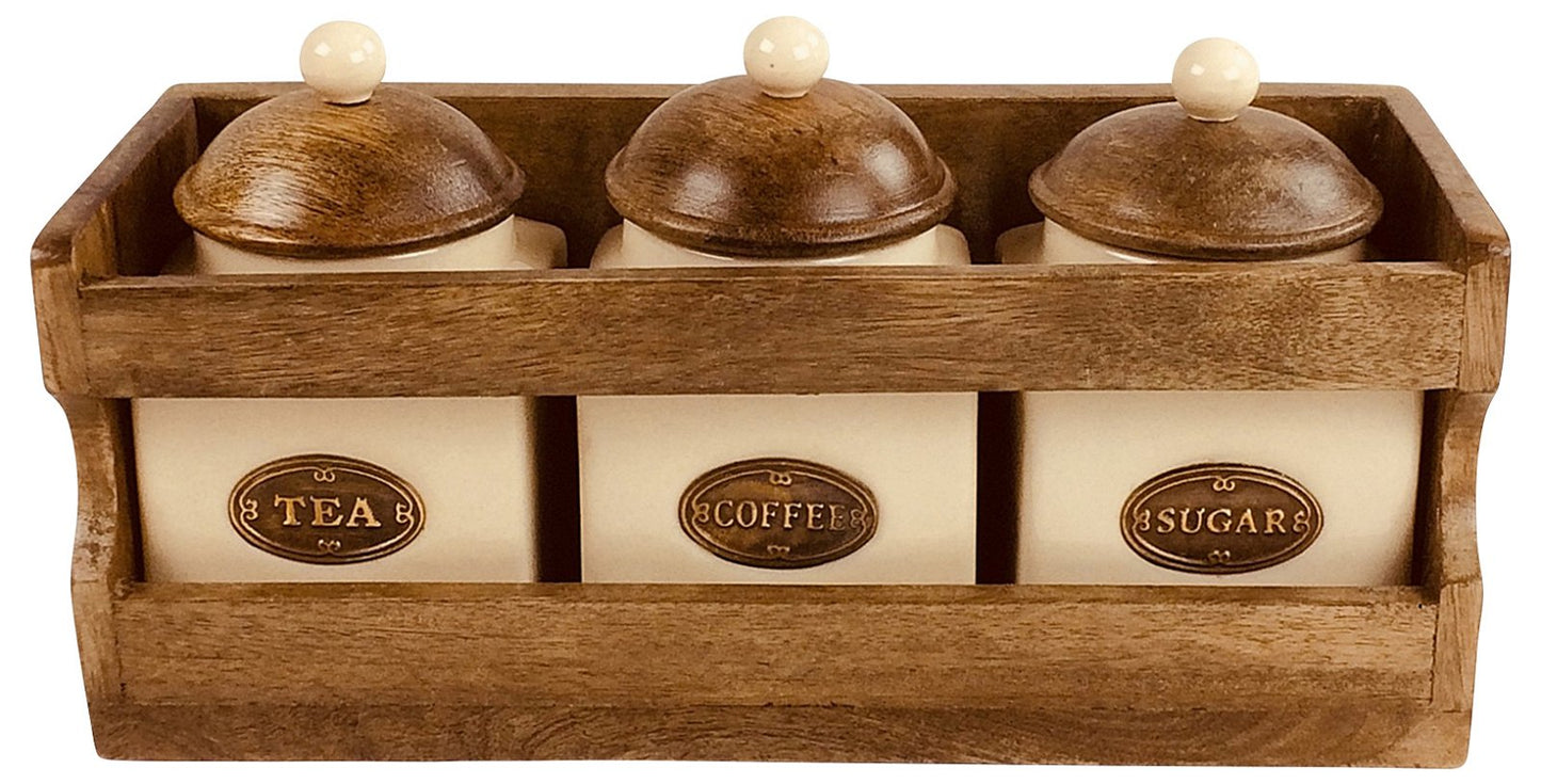 Wooden Rack with 3 Ceramic Jars - UK Only