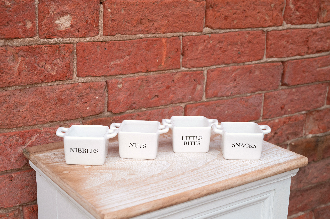 Set of 4 White Ceramic Square Snack Bowls (Nibbles, Nuts, Snacks and Little Bites)