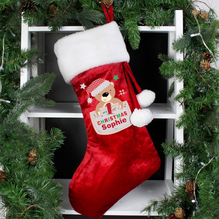 Personalised Pocket Teddy 'My 1st Christmas' Red Christmas Stocking