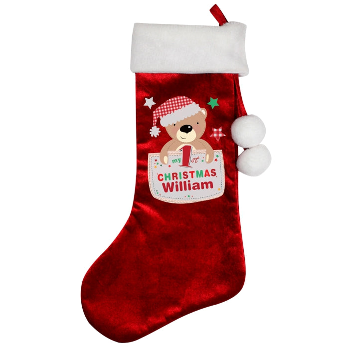 Personalised Pocket Teddy 'My 1st Christmas' Red Christmas Stocking