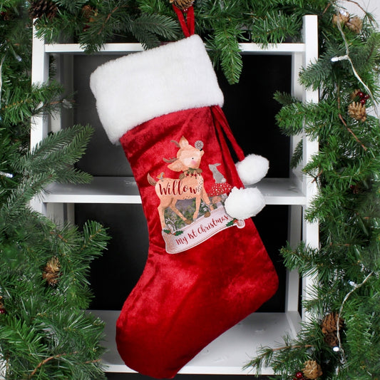 Personalised Festive Fawn Red Christmas Stocking