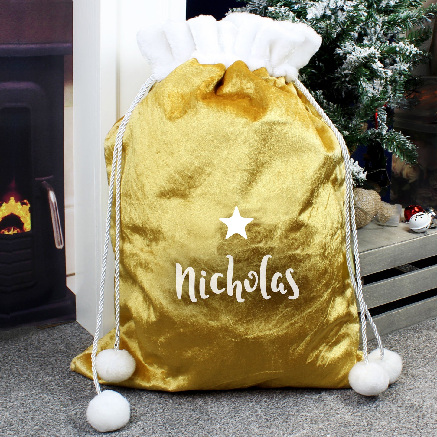 Personalised Gold Luxury Pom Pom Christmas Sack