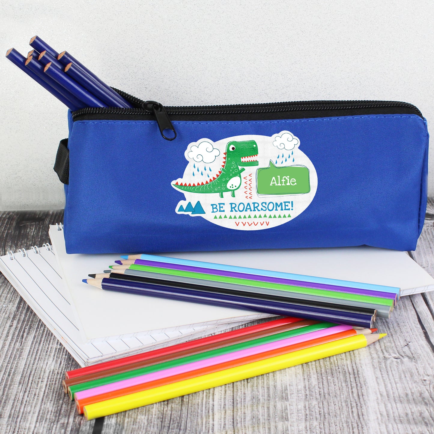 Personalised 'Be Roarsome' Blue Dinosaur Pencil Case