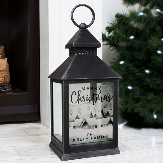 Personalised Christmas Town Rustic Black Lantern