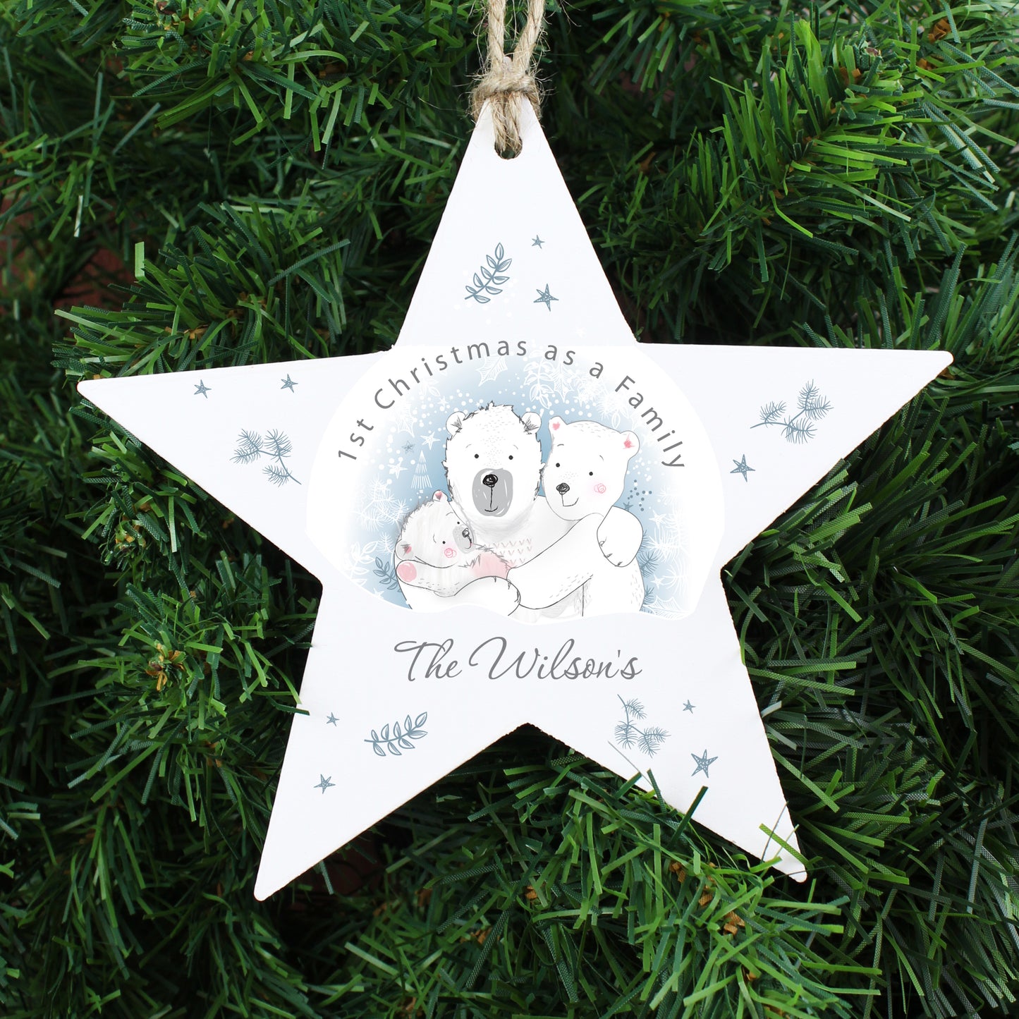 Personalised '1st Christmas as a Family' Polar Bear Wooden Star Decoration