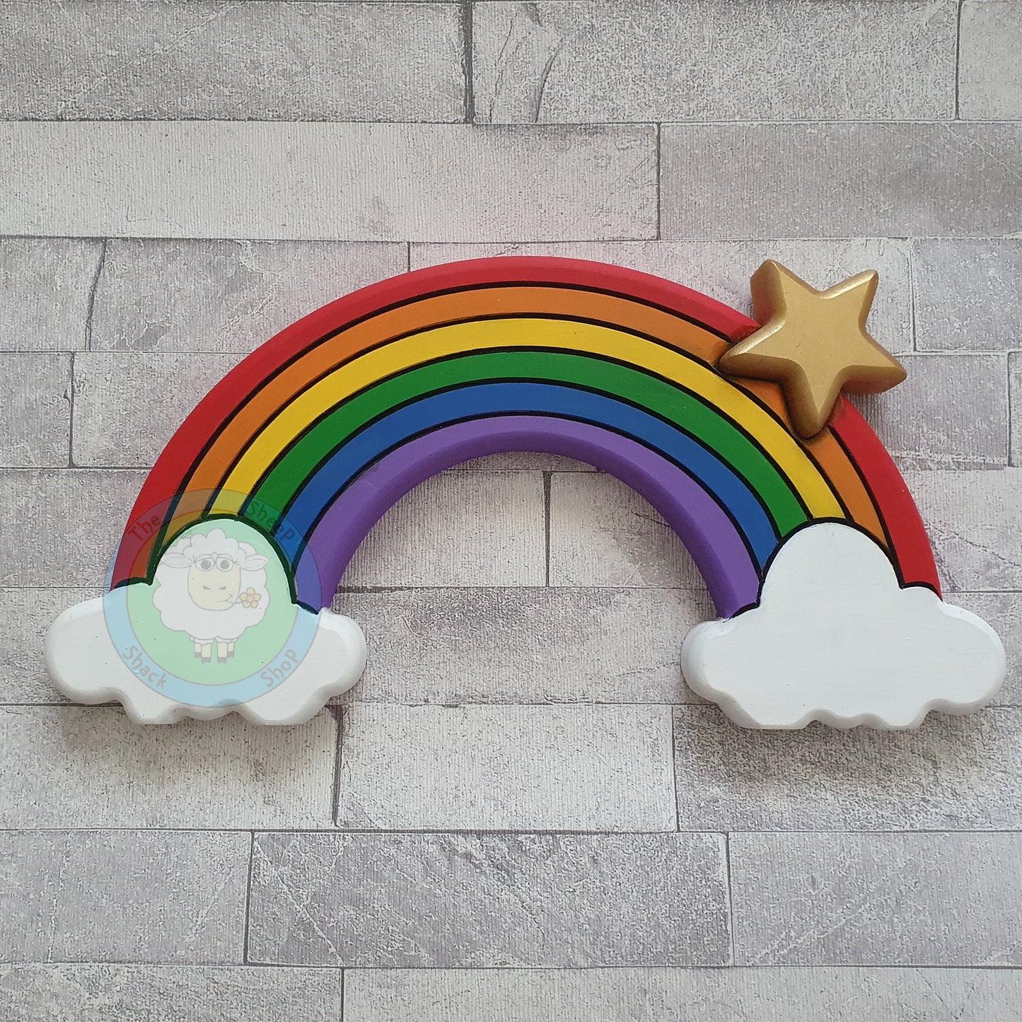 Engraved Wooden Rainbow with Clouds & Star Cutout Free Standing Decoration