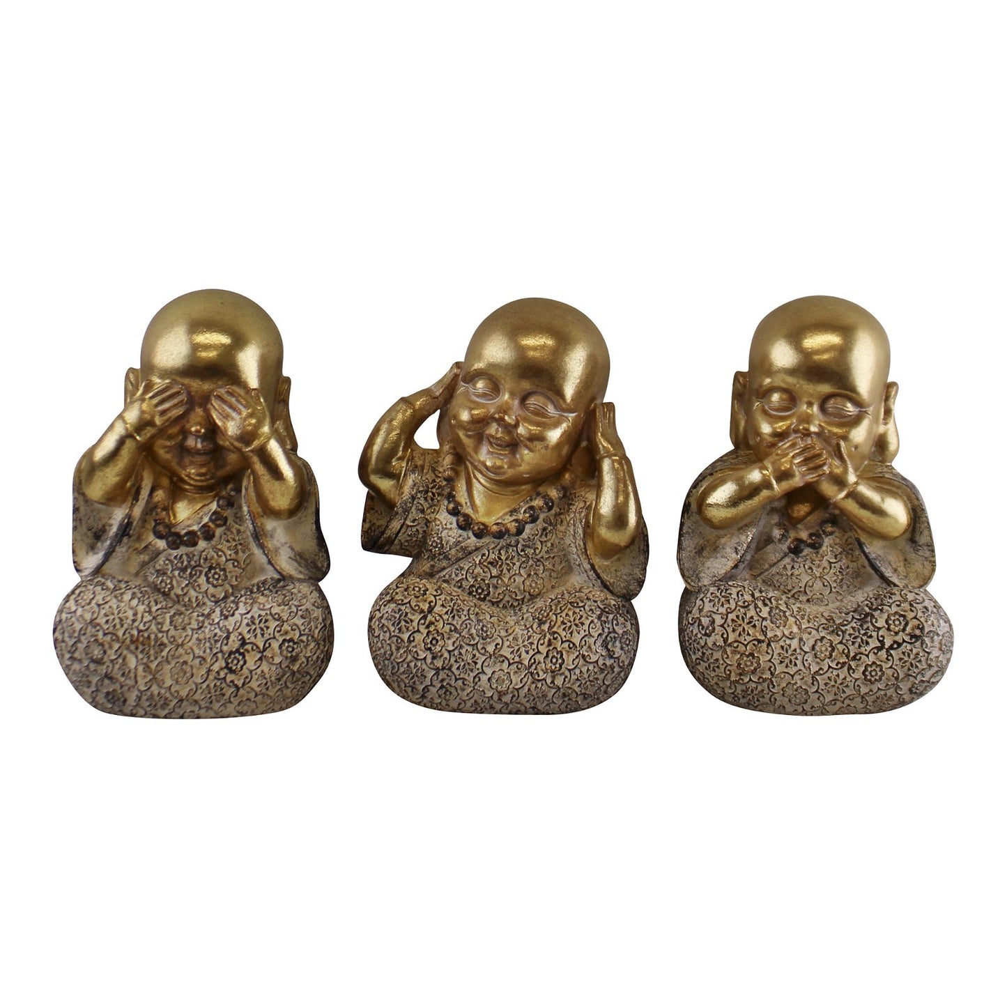 Set of 3 Gold Buddha Ornaments, See No Evil, Hear No Evil, Speak No Evil