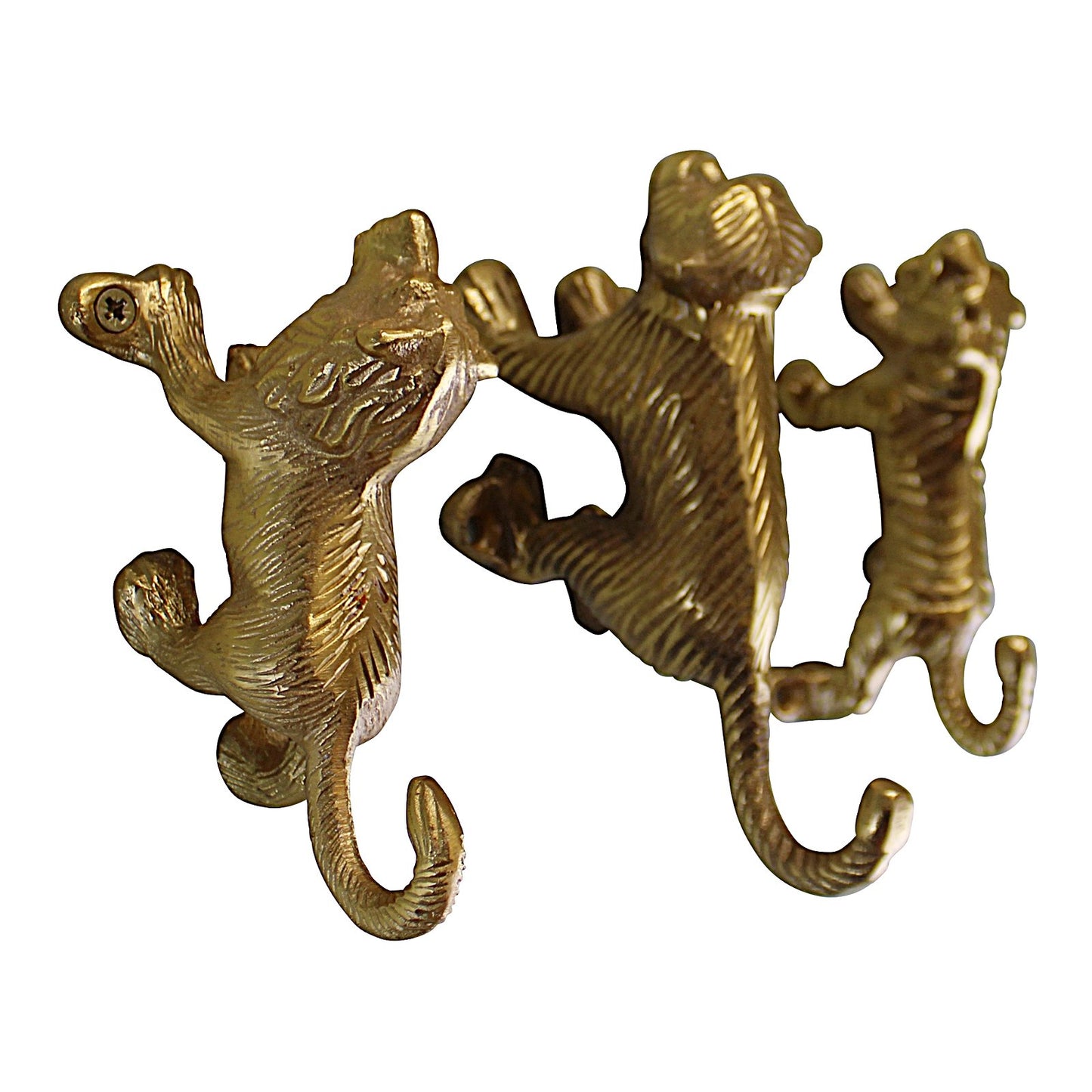 Set of 3 Gold Metal Safari Animal Coat Hooks (Lion, Tiger & Monkey)