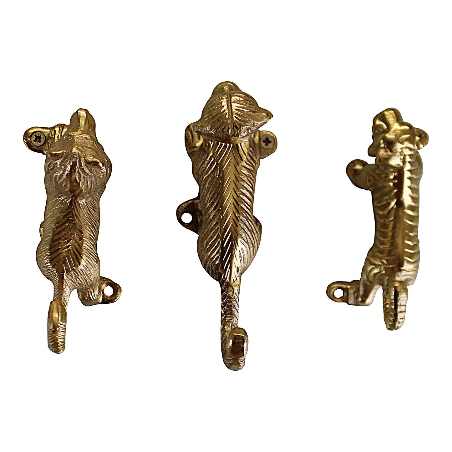 Set of 3 Gold Metal Safari Animal Coat Hooks (Lion, Tiger & Monkey)