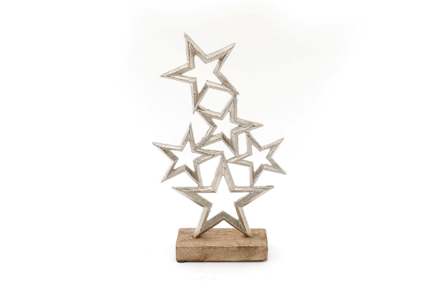 Silver Metal Stars On Wood Plinth Christmas Decoration