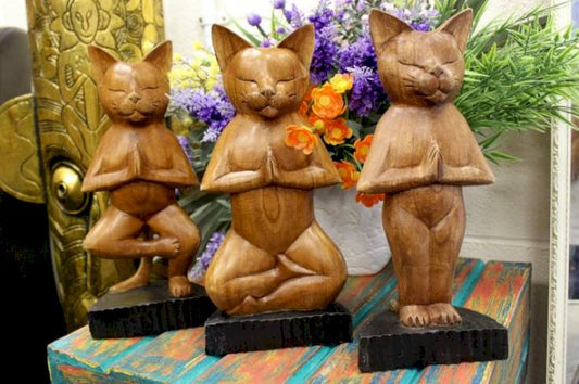 Large Hand Carved Wooden Yoga Cats (30cm) - 3 Designs Available